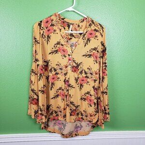 Free People boho festival mustard retro floral bell sleeveless shirt size XS